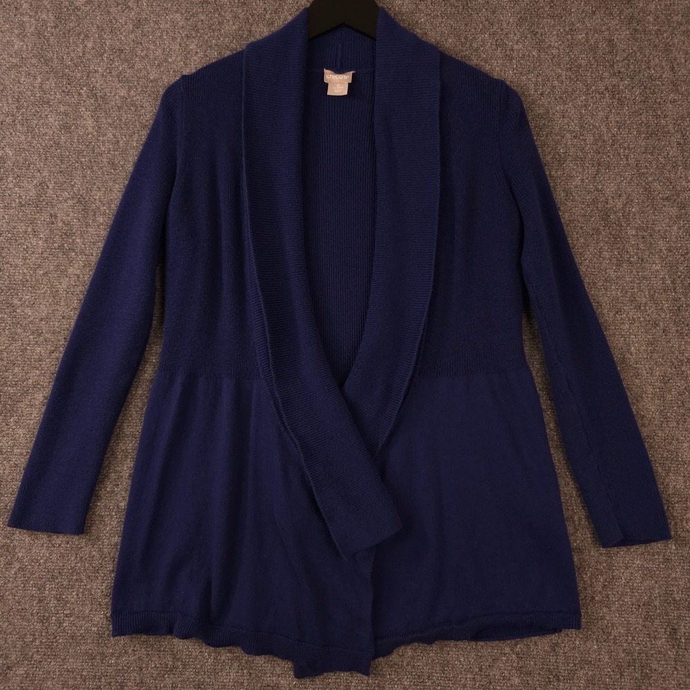 Chicos Sweater Womens 0 US Small Blue Shawl Collar Open Front Ribbed Knit Casual